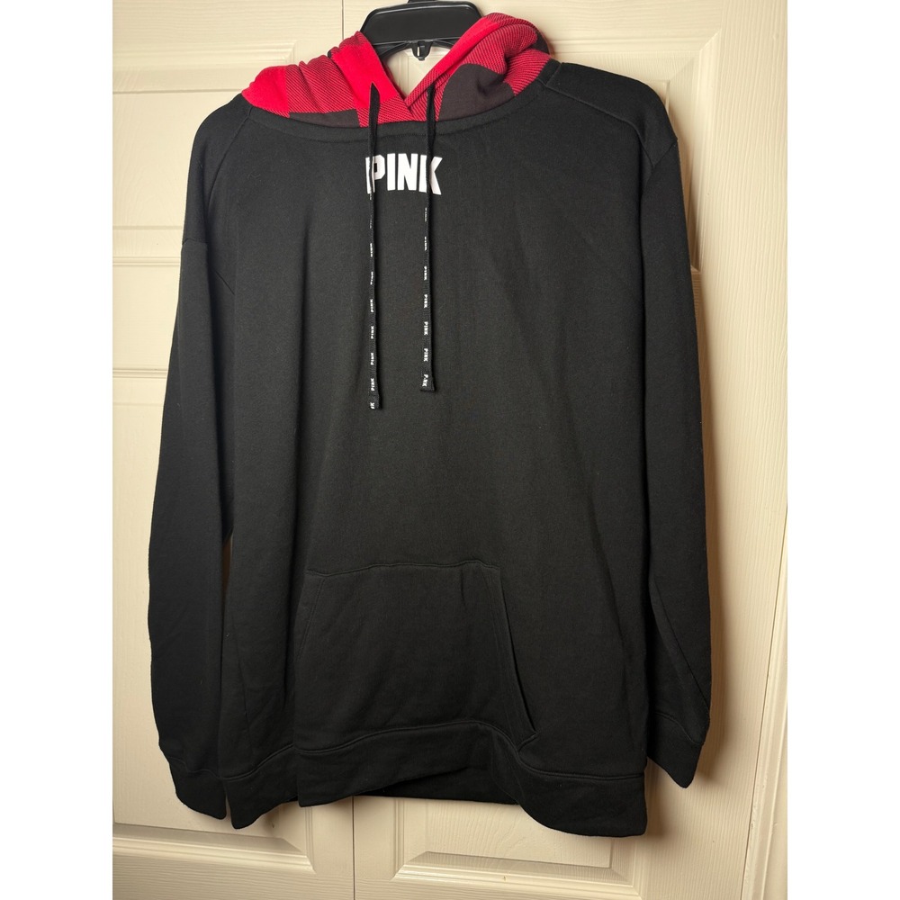 Victoria's Secret PINK Hoodie Black Buffalo Plaid Sherpa Lined Hood Medium